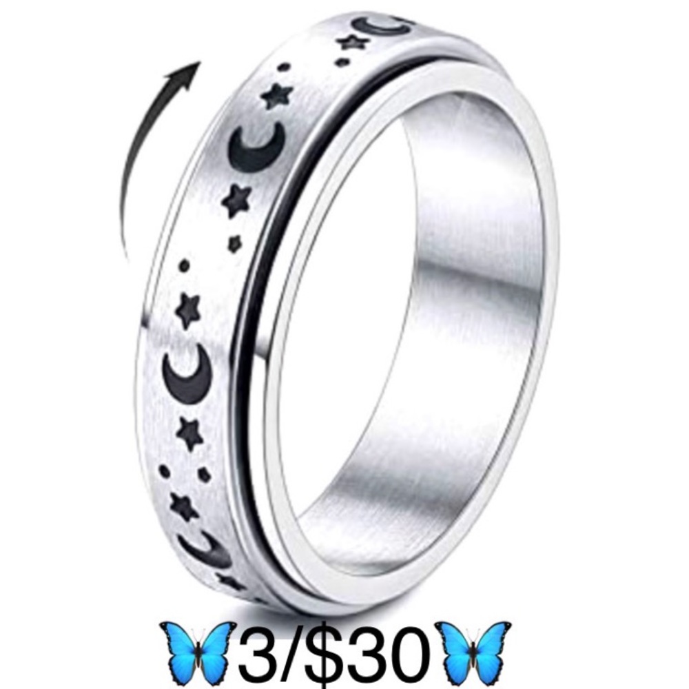 Stainless Steel Celestial Crescent Moon & Star Fidget Spinner Ring, Size 8